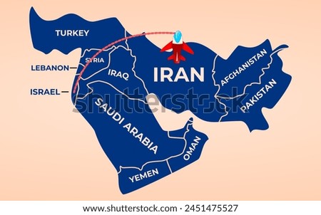 Map of Middle East. Israel VS Iran War Conflict. Iran Israel map. Iran to Israel firing missile. Iran versus Israel.