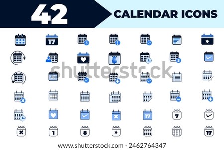 Calendar icon set. containing date, schedule, appointment, organization, event, reminder, tomorrow, yesterday and many more calendar icons, solid icon collection. vector illustration.