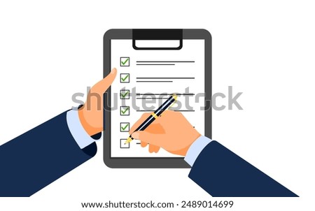 Checklist on clipboard vector illustration. Businessman doing check marks on checklist Clipboard and agreement. businessman, checklist, business checklist, check box	