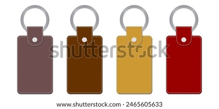 Leather keychains of different shapes, colorful keyring holders set with metal rings. Accessories or souvenir trinkets for home, car or office. Realistic 3d vector illustration