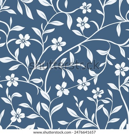 tonal white floral pattern vector on the blue background