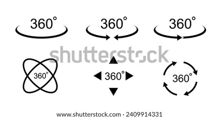 360 degree views. Signs with arrows to indicate the rotation or panoramas to 360 degrees. Vector illustration.