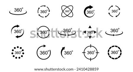 360 degree views. Signs with arrows to indicate the rotation or panoramas to 360 degrees. Vector illustration.
