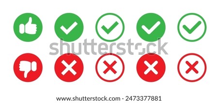 Thumb up and thumb down sign. Check mark and cross mark icon set. Vector illustration