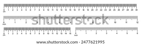 Measuring charts with 30 centimeters, 12 inches. Horizontal scale with 6 inch and 15 centimeter markup and numbers. Rulers Inch and metric rulers template. 