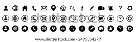 Web icon set. Home, location, call, at, email, address, globe, chat, message, mail, telephone, information, support, search, website, icon. Contact and web icons set. Website set icon vector.