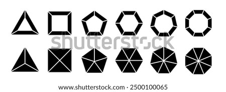 Segmented diagrams of geometric figures such as triangle, square, pentagon, hexagon, heptagon and octagon. Vector illustration