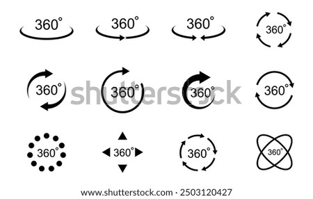 360 degree views. Signs with arrows to indicate the rotation or panoramas to 360 degrees. Vector illustration.