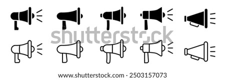 Megaphone icons set. Electric megaphone with sound or marketing advertising. Announcement sign isolated set on white background. Vector