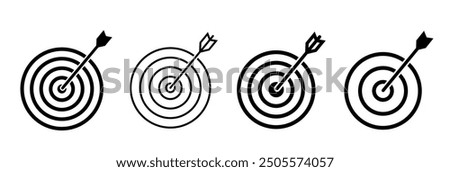 Target icon. Target with arrow icon set. Arrow hits the target. Archery target with arrow. Vector illustration