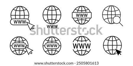 Website Icon. Globe icon set. World icon. Www icons with cursor. Vector www icon. 