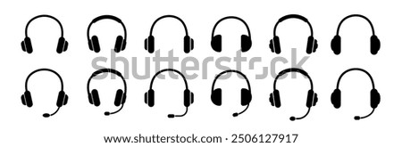 Headphones icon. Black headphones icon collection. Set of music headphones icons. headphone with microphone.  Vector headphone icons 