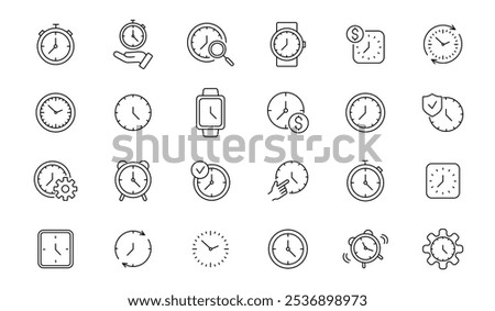 Clock and Time linear icons set. Timer, watch, speed, alarm clock. Vector illustration.