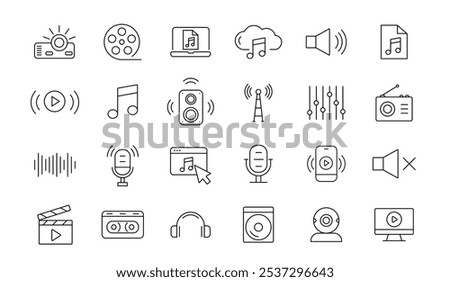 Audio and Video web icons. Cinema, play button, voice, radio, music. Vector illustration