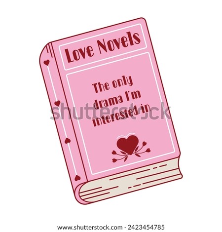 Romance books reading. Concept of love story, romance novel, literary genre with pink and red hearts. Study and learn symbol Love reading logo. Isolated hand drawn vector illustration
