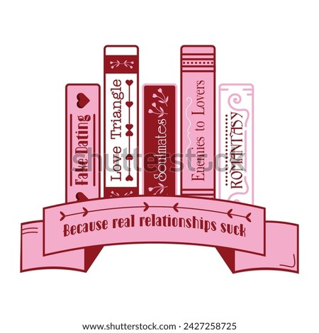 Stack of books. Romance books reading. Concept of love story, romance novel, literary genre. Study and learn symbol Love reading logo. Isolated hand drawn vector illustration
