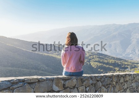 Similar – Image, Stock Photo Anonymous traveler admiring landscape of volcano under cloudy sky