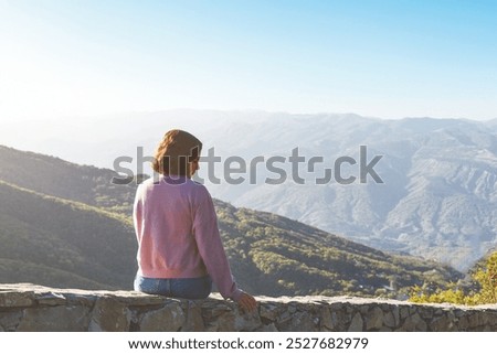 Image, Stock Photo Anonymous traveler admiring landscape of volcano under cloudy sky