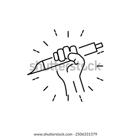 pencil in closed hand icon, creative education revolution, lightning fist, logo, thin line web symbol - editable stroke vector illustration eps10