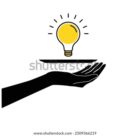 black hand holding yellow bright lightbulb. metaphor of did you know, imagination, human intelligence or education. flat simple style trend modern graphic art