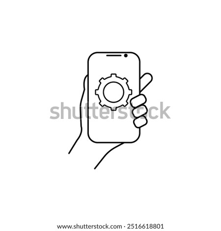 Vector linear phone and technology icons with settings gear icon on phone screen in hand | flat design thin line modern black illustration and