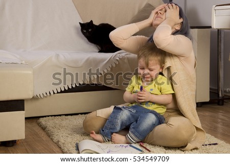 Similar – Image, Stock Photo Tired boy and cat sleeping on bed