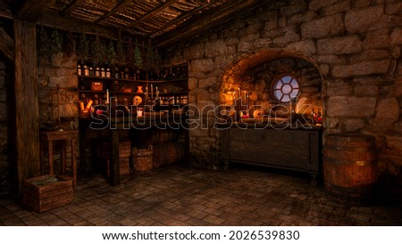 3D illustration of a fantasy witch or sorcerer's cottage interior lit by candles with magic potions and spells. Foto stock © 
