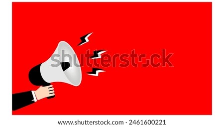 Male hand holding megaphone Loudspeaker. Banner for business, marketing and advertising. Vector illustration.