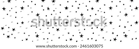 Hand drawn simple sprinkle seamless pattern with black confetti and stars on white background. Vector Illustration for holiday, party, birthday, invitation..