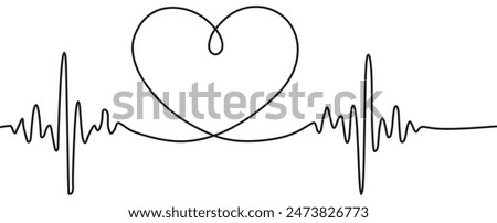 Heart beat one line. Continuous lines heart beats drawing. Wave pulse. Hand draw heartbeat. Design heartbeat for print. Black silhouette cardiogram isolated on white background. Vector.