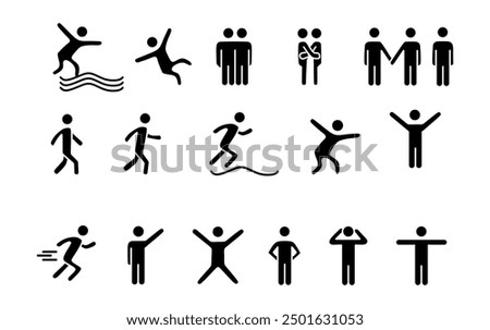 Set people icon, action pictogram black, stick figure human silhouettes, various man postures and movements, vector symbols.
