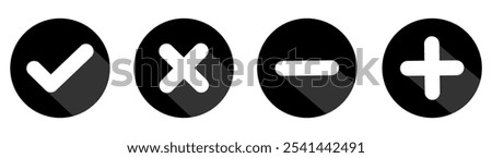 Set of flat round check mark, X mark, plus sign and minus sign icons, buttons isolated on a white background.