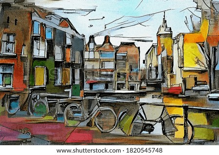 European urban landscape from the triptych series. The painting is made with watercolor painting and chemical liquid using aquaprint technology. The style of cubism. Based on works by Picasso.