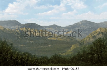 Mountains in Scotland on the background of a green valley. Oil painting on canvas. The painting is made in the style of landscapes by Thomas Cole and Frederick Church. Contemporary art.