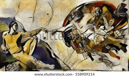 Alternative reproduction of the Creation of Adam fresco by Michelangelo in the style of Picasso.The author's work in oil on canvas and pastel. Good solution for interior or paper poster.