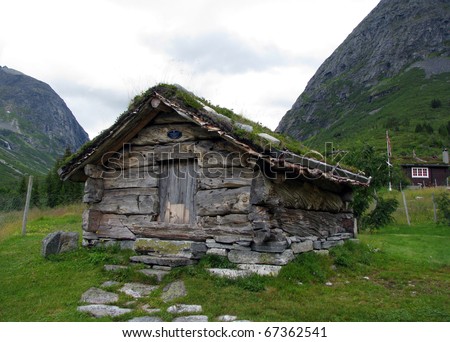 old wooden house with grass on the roof
