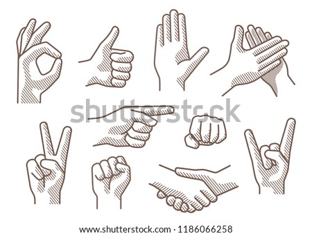 Set of different gestures hand, signs and signals.  Handshake, ok, stop,  pointing, victory, applause, fist, rock roll gesture. Outline vector illustration on white bacground.