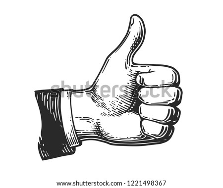 Hand showing symbol Like. Making thumb up gesture icon. Vintage black engraving illustration for web, poster. Hand drawn design element isolated on white background. Vector illustration.