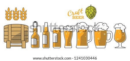 Set of beer glass, mug, barrel, bottle, and hop. Craft beer calligraphy design and minimal flat vector illustration of different types of beers. Oktoberfest equipment. Restaurant illustration