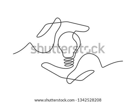 Continuous line drawing of lightbulb between two  human hands  as a symbol of ideas. Ceative problem solving. Result creative approach. Electric lamp in hand. Vector illustration ストックフォト © 