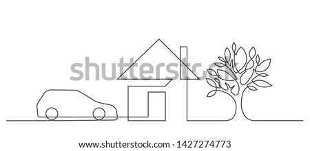 Continuous line drawing of car, house and tree on white background. Vector illustration