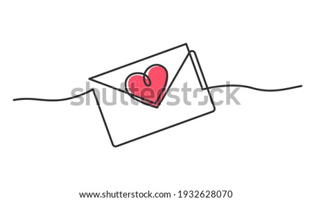 Continuous line drawing of envelope with red heart. Valentine's day. Template for love cards and invitations. Isolated on white background. Vector illustration.