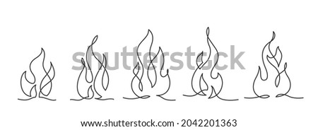 Continuous line drawing of fire on white background. Set of flame shape. Vector illustration.