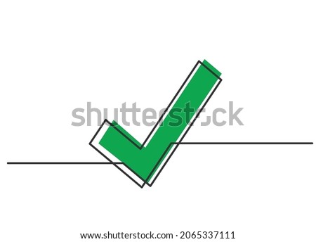 Continuous one line drawing of green check mark. Vector illustration 