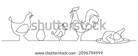 Set of chickens - continuous line drawing. Rooster, hen, chicken grill and egg one line drowing. Vector illustration.