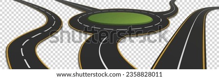 Road, winding highway isolated on transparent background. Trip two lane curve going into the distance. Road circle intersection. Route direction and navigation signs for map, Vector icons set
