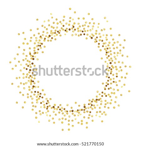 Golden splash or glittering spangles round frame with empty center for text. Golden glittering  circle  made of tiny uneven round dots on white background. Vector illustration.