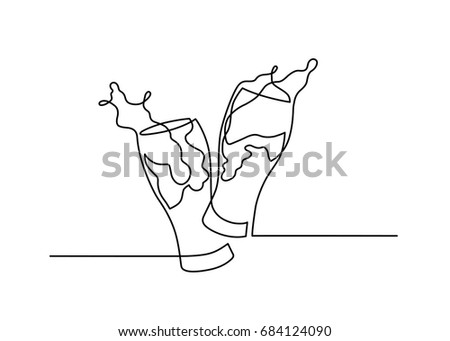 Continuous line drawing two glasses of beer toasting creating splash on white background. Vector illustration.