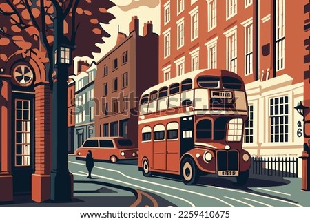 Vector illustration of london streets with classic london bus and pastel colors