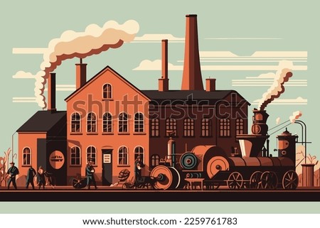 Flat vector illustration of the industrial revolution showing machines, factories, and water vapor.